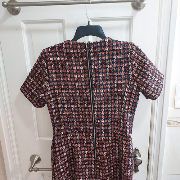 Pleione Red Blue Ruffle Tweed Short Sleeve Dress - Picture 7 of 8